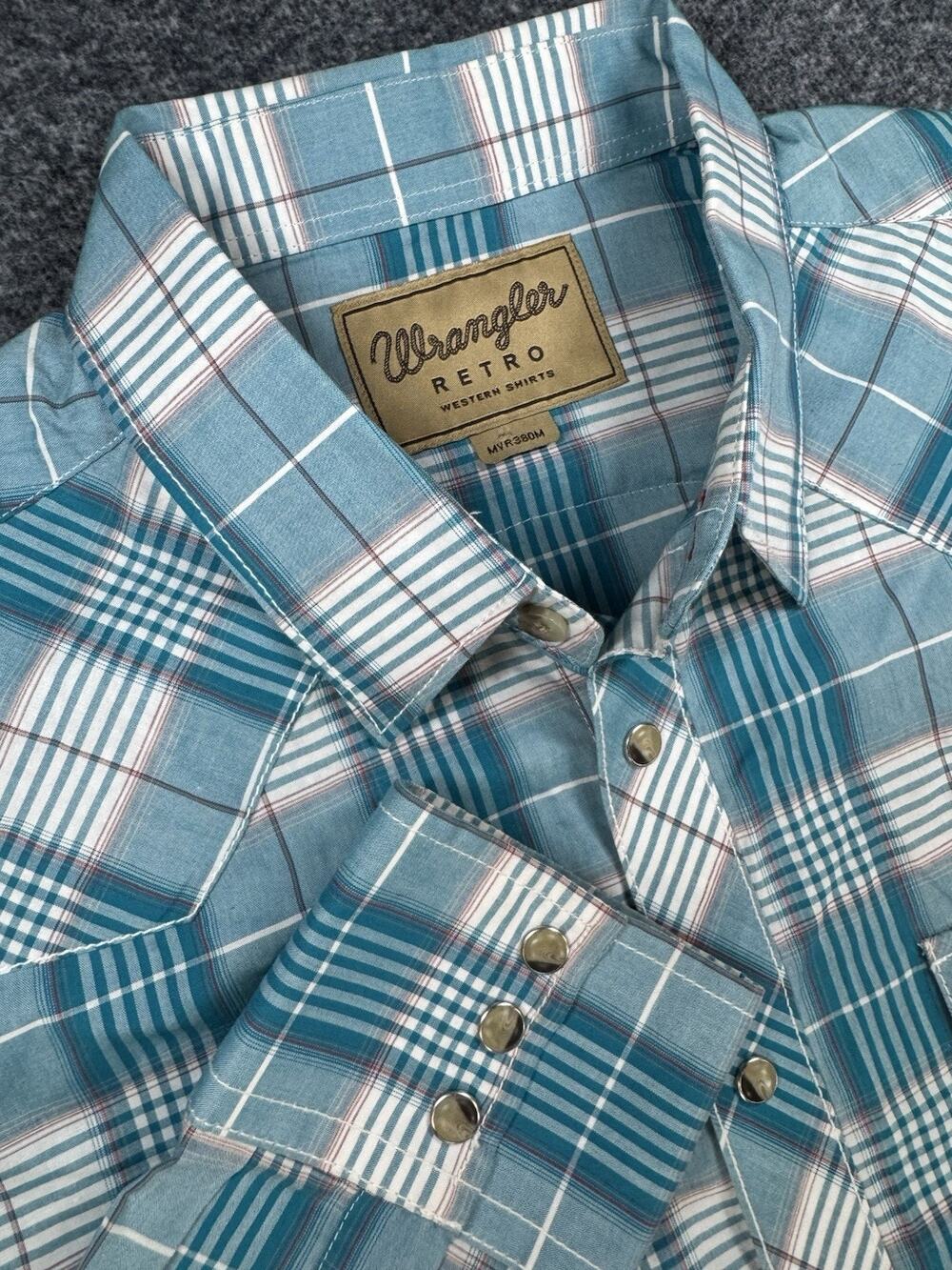Wrangler Retro Shirt Mens Large Teal Plaid Pearl Snap Western Cowboy Outdoor 295